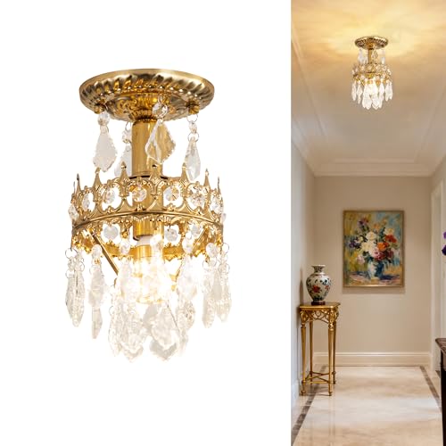 EverRoam Semi Flush Mount Crystal Light Fixture Small Chandelier Golden Vintage Crown Light Close to Ceiling Light Suitable for Bedroom Wardrobe Room Corridor Hallway Entrance Aisle E12