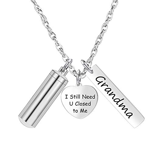 BGAFLOVE Stainless Steel Urn Necklaces for Women Men Cremation Pendant Necklace for Memorial Ashes Jewelry Keepsakes with Heart Pendant & Rectangle Charm, I Still Need You Close to Me, Grandma