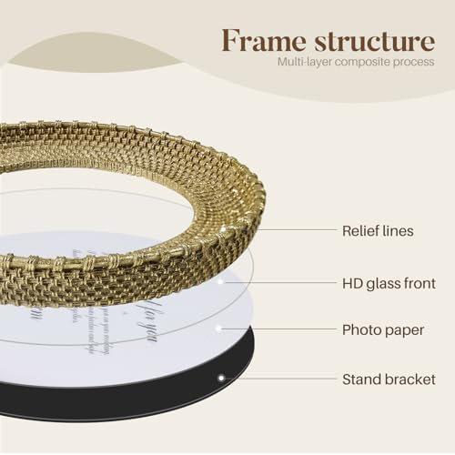 Round Picture Frame 4x4 Vintage Gold Frames, Rattan Textured Hand-Crafted Photo Frame with Glass Front, Antique Picture Frame for Tabletop Display & Wall Display, Retro Design Home Decor
