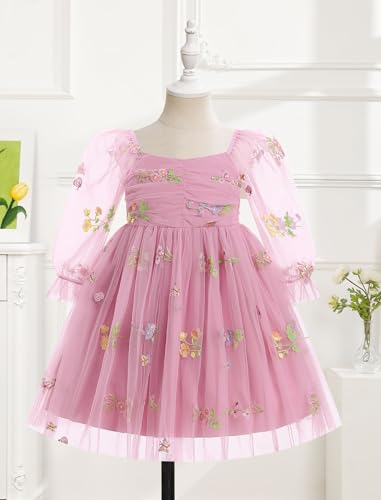 IMEKIS Toddler Girl Birthday Dress Floral Confetti Tulle Formal Wedding Party Long Sleeve Dress Cake Smash Photo Shoot3