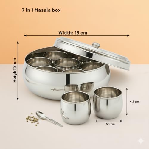 Image of Human Hydro Premium Belly Shape Masala Dabba (18 cm, 7-in-1) | Stainless Steel Spice Box with See-Through Lid, 7 Containers & 1 Spoon | Compact Airtight Masala Box