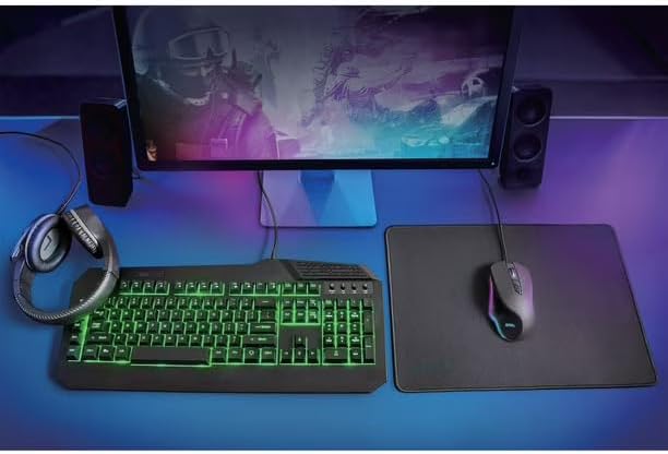Gaming setup with Onn. keyboard, mouse, and headset in use