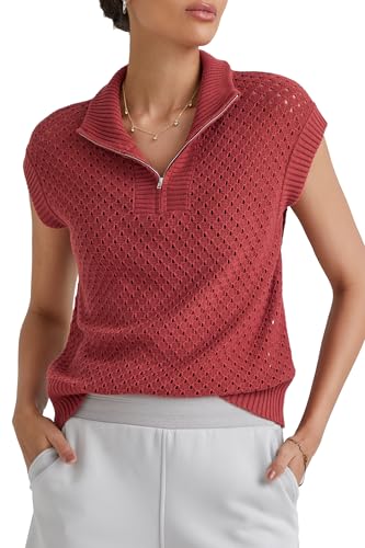 Arach&Cloz Womens Summer Cap Sleeve Sweater Vest 2025 Spring Casual Quarter Zip Hollow Out Crochet Polo V Neck Tops