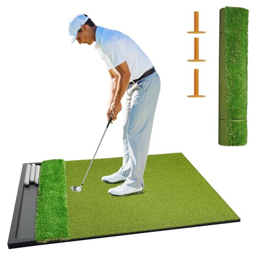 Image of Dual Turf Golf Hitting Mat with Ball Tray, Integrated Golf Practice Mat for Indoor & Outdoor Use Golf Training Mat with 3 Tees