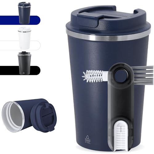 Quodelo Termo Cafe para Llevar con Interior Cerámico y Acero Inoxidable Reciclado - Vaso Termico Antigoteo 350ml Pequeño para Coche y Oficina, Taza Viaje con Cepillo de Limpieza, Azul Navy