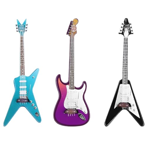 3er Set Miniatur E-Gitarren Modell, Dekorative Mini Gitarre (Blau, Lila, Schwarz), Maßstabgetreue Instrumente für Sammler & Puppenhaus, Musiker Geschenk & Schreibtisch Deko