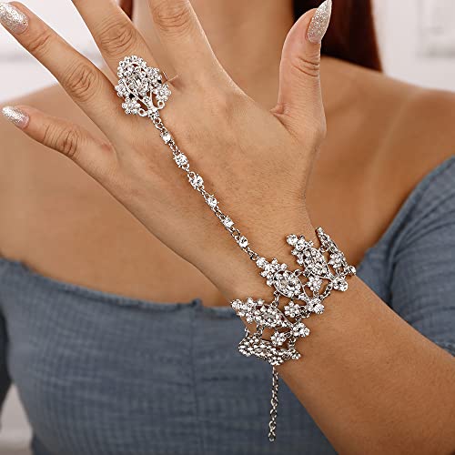 Denifery Silver Rhinestones Finger Ring Bracelet Hand Chain Bracelets with Ring Hand Harness Slave Bracelets Boho Bangle Bracelets Hand for Women4
