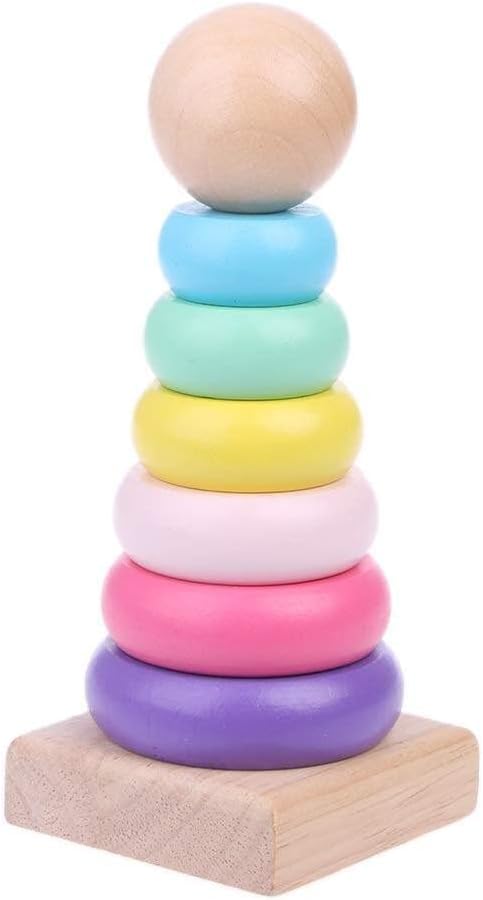 Image of SHINETOY 7 pcs Wooden Stacking Rings for Babies 6-24 Months | Montessori Rainbow Stacker Educational | Color & Shape Learning Toy for Toddlers | Sensory Development Toy Gift for Kids