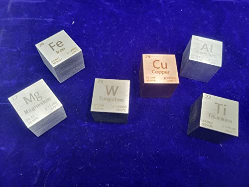 99.95% Purity Element 1” Cube Set 6 Titanium Aluminum Copper Iron Magnesium Tungsten with Display TI Al Cu Fe Mg W