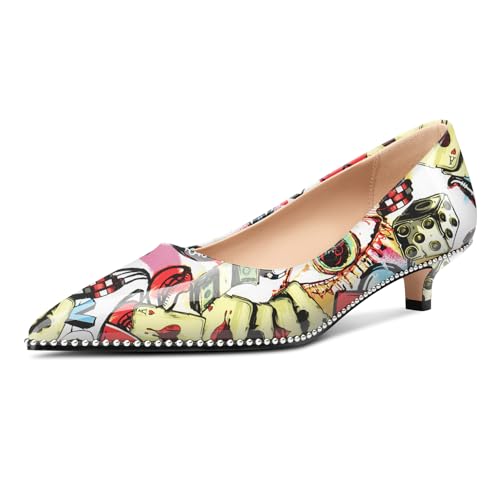 Image of Aachcol Womens Low Heel Pointed Toe Pumps Silver Beaded Kitten Heels Slip-on Comfortable Office Dress Shoes 1.4 Inches Heels