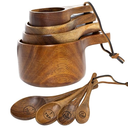 Wooden Measuring Cups and Spoons Set – Solid Acacia Wood, Laser Engraved, Nesting Design, Kitchen Accessories for Dry Ingredients, Baking and Cooking (8-Piece Premium Acacia Set)