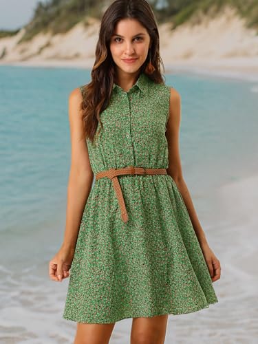 Image of Allegra K Women's Floral Printed Half Placket Above Knee Summer Sleeveless Belted Dress