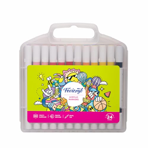 Image of Fevicryl Multi-Surface Dual Tip Markers - 24 Vibrant Colors | Works on Wood, Metal, Plastic, Glass, Ceramic, Fabric & More | Quick-Dry, Fade-Resistant, Ideal for DIY & Professional Art
