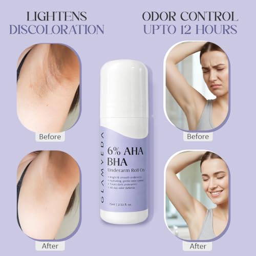 Image of Glamveda 6% AHA BHA Underarm Roll On for Dark Underarms | Brightening & Exfoliating Formula | Long-Lasting Odor Control | Niacinamide & Panthenol Hydration | Smooth Skin | 75ml | Pack of 2