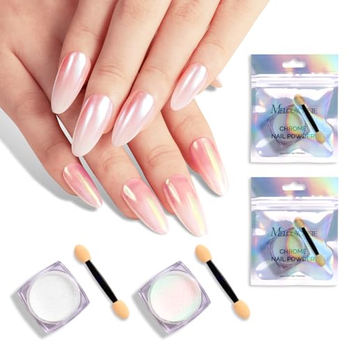 Image of MelodySusie 2Pcs Chrome Nail Powder for Gel Nails, Pearl and Aurora Powder Mirror Effect Pigment Pearlescent Mermaid Pigment Pearl Glitter for Home DIY Salon Use