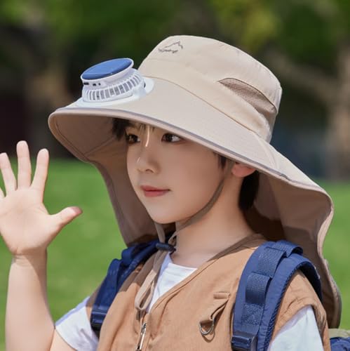Kids USB Solar Fan Sun Hat with Neck Flap Bucket Fishing Hat Sun Protection Cap for Teens Boys Girls3