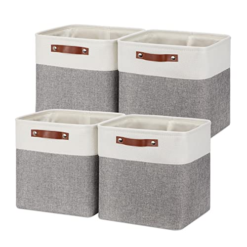 Image of Temary 12 Inch Storage Baskets Foldable Fabric Storage Cubes 4PCs Storage Bins Organizer with Handles, Baskets for Organizing Clothes, Towels (White & Grey, 12 x 12 x 12)