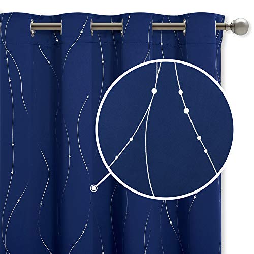 NICETOWN Foil Printed Curtains - Wave Line with Dots Soundproof Blackout Curtains 54 Drop Eyelet Top Small Thermal Insulated Drapes for Kitchen/Bedroom, 2 PCs, W 52 by L 54-inch, Navy Blue