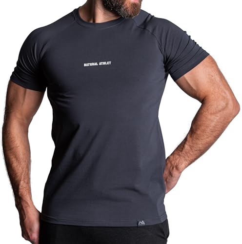 Natural Athlet Fitness T-Shirt Herren Gym I Männer Kurzarm Sport T-Shirt aus Baumwolle I Baumwollshirt ideal für Sport, Fitness, Gym und Bodybuilding - Anthrazit