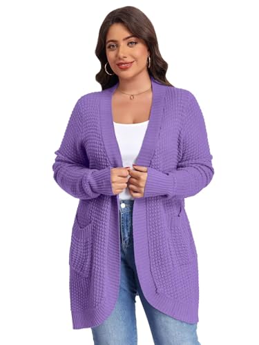 Image of LARACE Long Cardigans for Women Plus Size Tops Open Front Sweaters with Pockets Waffle Ribbed Sleeve Loose Fall Outwear