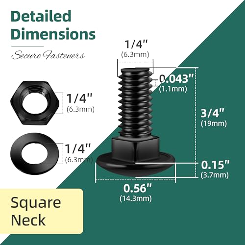 Image of (26 Sets) 1 /4-20 x 3 /4 Carriage Bolts with Nuts and Washers, 304 Stainless Steel Round Head Square Neck 1 /4 Carriage Bolts Screws, Full Thread Black Oxided Black Oxided for Outdoor