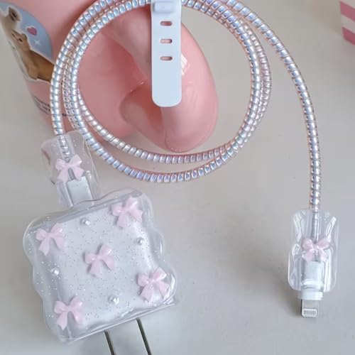 Image of Cable Protector with 3D Cute Pattern for iPhone Charger only 18W & 20W, Data Charging Cable Wire Saver Protective Cable Cover Full Protection Cable Sleeve (PINK-SHORT-BOW)