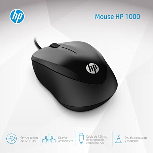 Miniatura 4 de HP 1000 - Ratón con Cable (1200 PPP, 2 Botones y Rueda de Desplazamiento, 1,5 m de Cable, ConexiónUSB, Windows), Color Negro