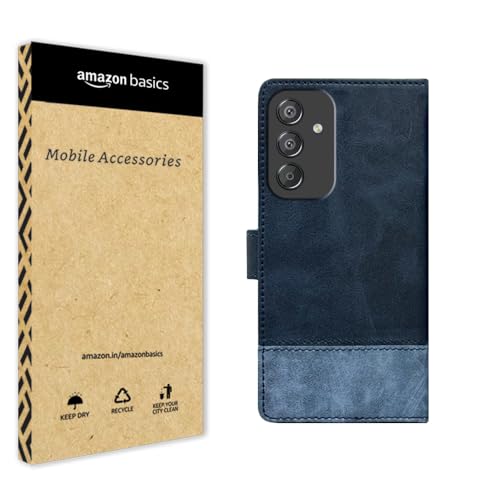 Image of amazon basics Flip Cover | Dual-Tone PU Leather Finish | Wallet Style & Stand | Magnetic Flip Case for Samsung Galaxy F15 5G / M15 5G / M15 Prime 5G (Navy & Light Blue)