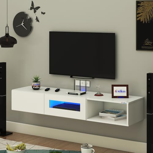 Image of Anikaa Strix Wall Mount Modern Floating TV Unit for Living Room with 3 Storage Cabinet & Blue LED Light (Ideal for 32 to 55 inch TV, DIY Installation, White Finish)