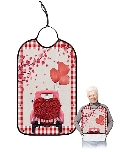 Valentine Roses Truck Adult Bibs for Eating, Waterproof Bibs with Food Catcher & Adjustable Snap Closure, Red White Plaid Love Heart Tree Washable Clothing Protectors Adult Bibs for Elderly Women/Men