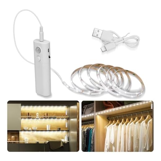 Cool White Rechargeable Motion Activated Light Strip for Closet Gun Safe Stairs, 6.56ft LED Motion Sensor Cabinet Strip Light