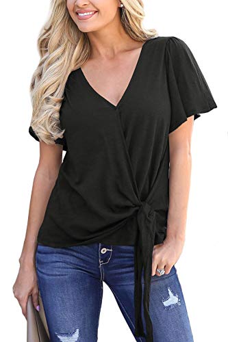 Wrap Top for Women Tie Knot V Neck Short Sleeve Casual Blouse Black M