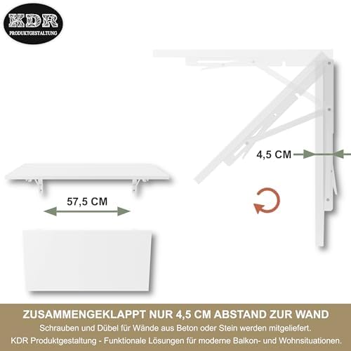 7. Bild von KDR Wandklapptisch 80x40 cm Weiß – Klappbarer Tisch zur Wandmontage – als Esstisch, Schreibtisch, Küchentisch oder Arbeitsplatz – Platzsparend & vielseitig einsetzbar