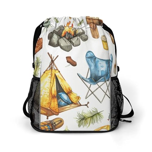 Drawstring Gym Backpack with Shoe Compartment And Wet Pocket, 28L Lightweight Waterproof Camping Equipment Pattern Sports Backpack for Workout Swim Beach Travel String Bag for Men Women