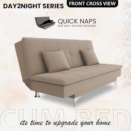Image of Adorn India Premium New Aspen 3 Seater Sofa Cum Bed 4X6 Velvet Suede with 2 Cushions (Color Beige) and Suitable for All Indoor, with 3 Years Warranty