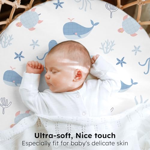 Image of Baby Bassinet Sheets, 3 Pack Fitted Bassinet Mattress Sheets, Compatible with Halo Bassinest Swivel Sleeper & Oval Hourglass Rectangle Mattress, Ultra Soft Blue Ocean Whale