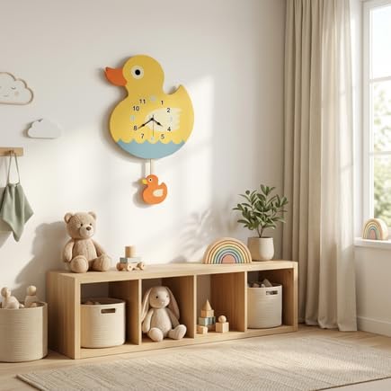 Image of Personalised with Your Name, Ducky Design Pendulum Wall Clock for Kids Room, Decorative Analog Timepiece with Swinging Element, Cute Bird Theme Home Accent for Bedroom, Nursery, Playroom