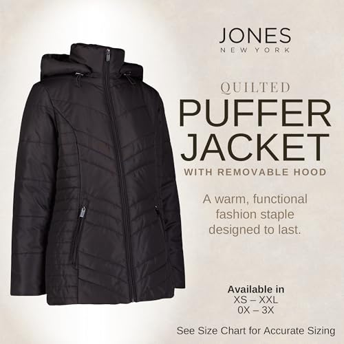 Jones NY Women's Puffer Jacket Zippered Removable Bungee Hood Womens Winter Coat, Black - Image 3