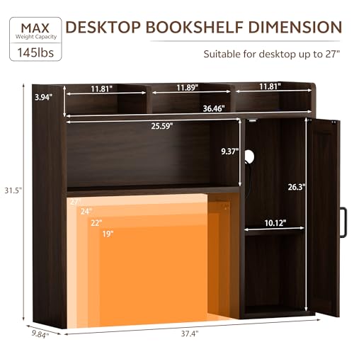 Image of Desktop Bookshelf, Desk Hutch with RGB LED Lights & Power Outlets 37 inch Desk Hutch Organizer with Storage Cabinet Desktop Storage Shelf for 27 inch Monitor, Tabletop Bookcase for Dorm Office Home