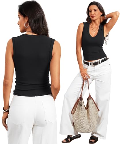 Image of Prettywear Deep V Neck Tank Tops for Women 2026 Summer Fashion Clothes Sexy Casual Ribbed Fitted Sleeveless Going Out Tops
