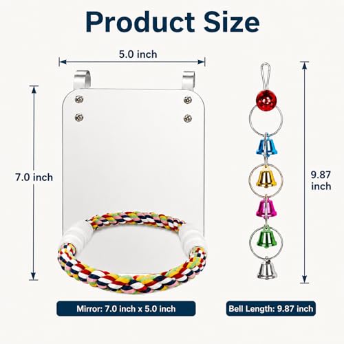 Image of 7 inch Bird Mirror with Rope Perch Bird Toys Swing, Comfy Perch for Greys Amazons Parakeet Cockatiel Conure Lovebirds Finch Canaries