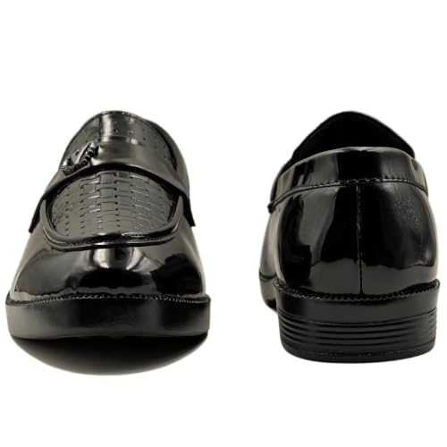 Image of Men's Glossy Loafers | Synthetic Leather | Formal Slip-On Shoes for Men | Woven Texture Patent Finish | Cushioned Comfort | Office, Party & Wedding | Black - Multicolour
