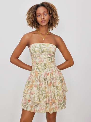 Image of CIDER Women's Summer Cocktail Dress - Tube Ruched Ruffle Mini Dress | Strapless, Country Concert, Western Cowgirl Outfits