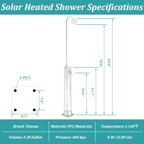 Timoau 7 Ft 5.3 Gallon Solar Heated Shower w/Shower Head for Poolside Pool Spa Backyard Beach, Black Style 3