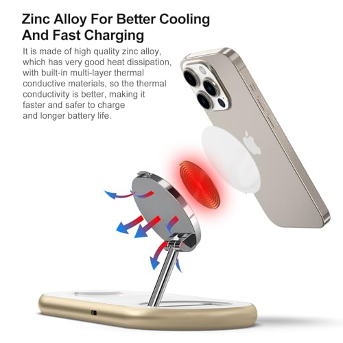 Image of Magnetic Charging Station, 3 in 1 Faster Mag-Safe Wireless Charger Stand, Wireless Charging Pad for Apple Devices, iPhone 17 /16 /15 /14 /13 /12 Series, iWatch Series, AirPods (Golden)