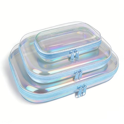 Image of Clear Hard Shell Zipper Case,3PCS Transparent Clear Laser Zipper Pouches,Hard Side Plastic Case Set,Portable Travel Storage Organizer Bins