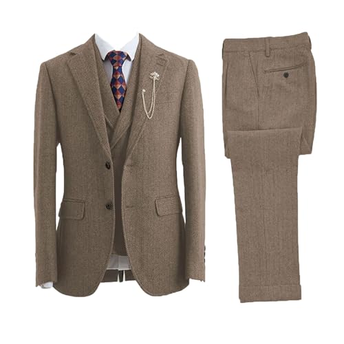 Men Elegant 3-Piece Herringbone Coarse Woolen Fabrics Customize Business Banquet Suit Khaki - Main Image