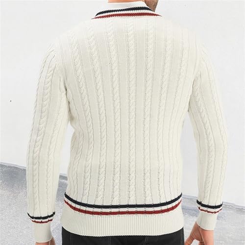 Men's Stripe V-Neck Long Sleeve Ribbed Knitted Slim Fit Pullovers Cable Knitted Cricket Jumper Top3