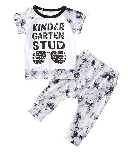 Baby Boy Tie Dye Summer Outfits Set Letter Print Short Sleeve Romper Bodysuit Long Pants Clothes?Black, 3-4T