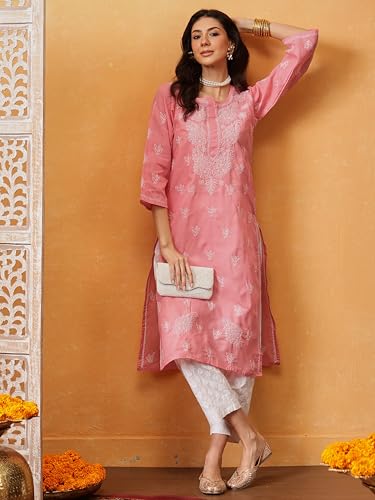 Image of Ada Hand Embroidered Lucknowi Chikankari Cotton Kurta for Women A133488 | Handcrafted lucknow chikan embroidery latest womens ethnic wear kurti tunic for office work wear